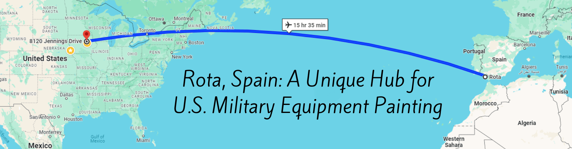 Map of distance between Cedar Falls, IA and Rota, Spain