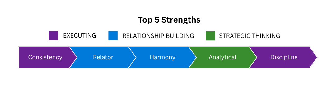 Strengths: Consistency, Relator, Harmony, Analytical, Discipline