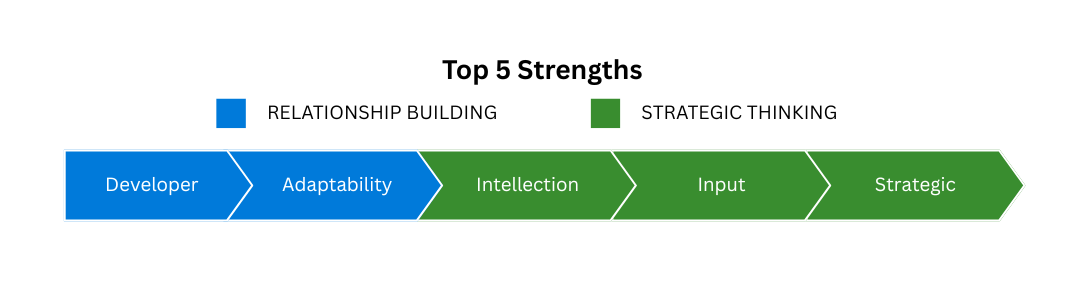 Strengths: Developer, Adaptability, Intellection, Input, Strategic
