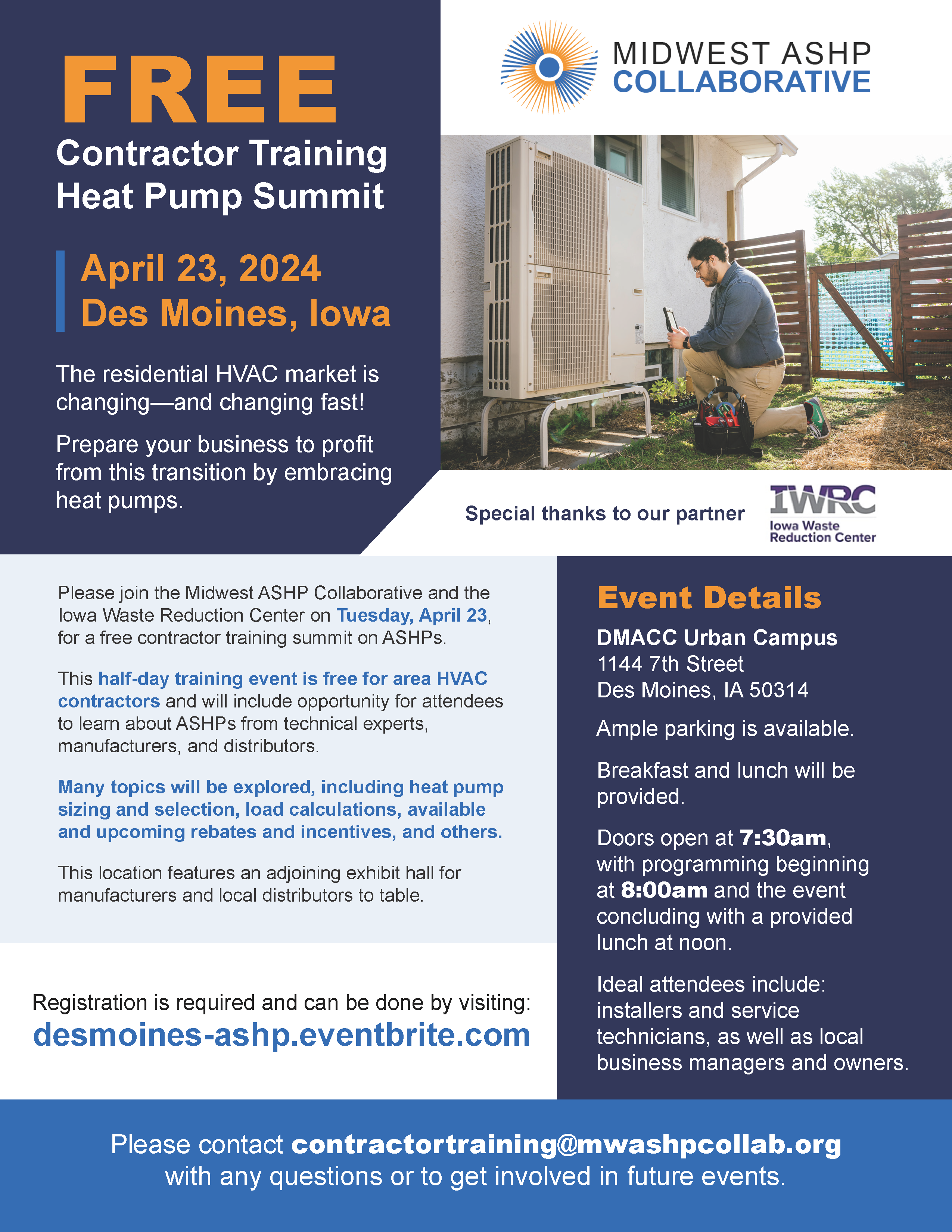 Blue and white flyer announcing the free contractor training heat pump summit