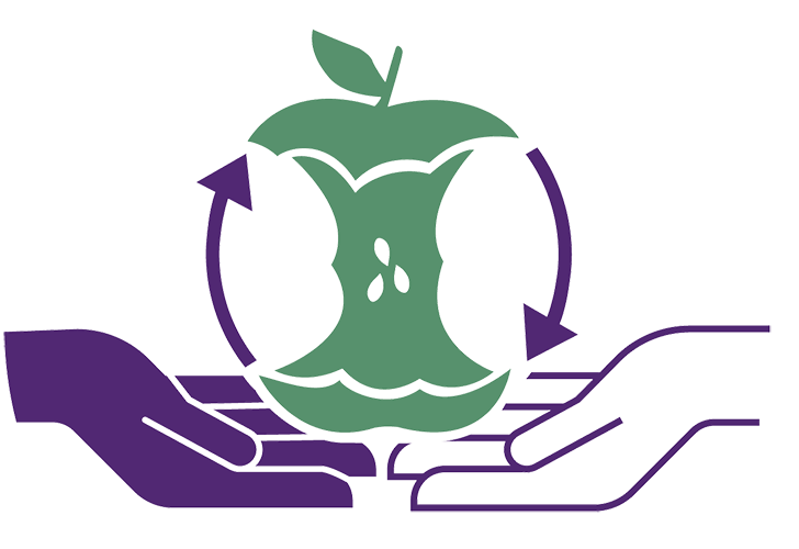 two hands hold stylized apple core with up and down arrows to indicate recycling