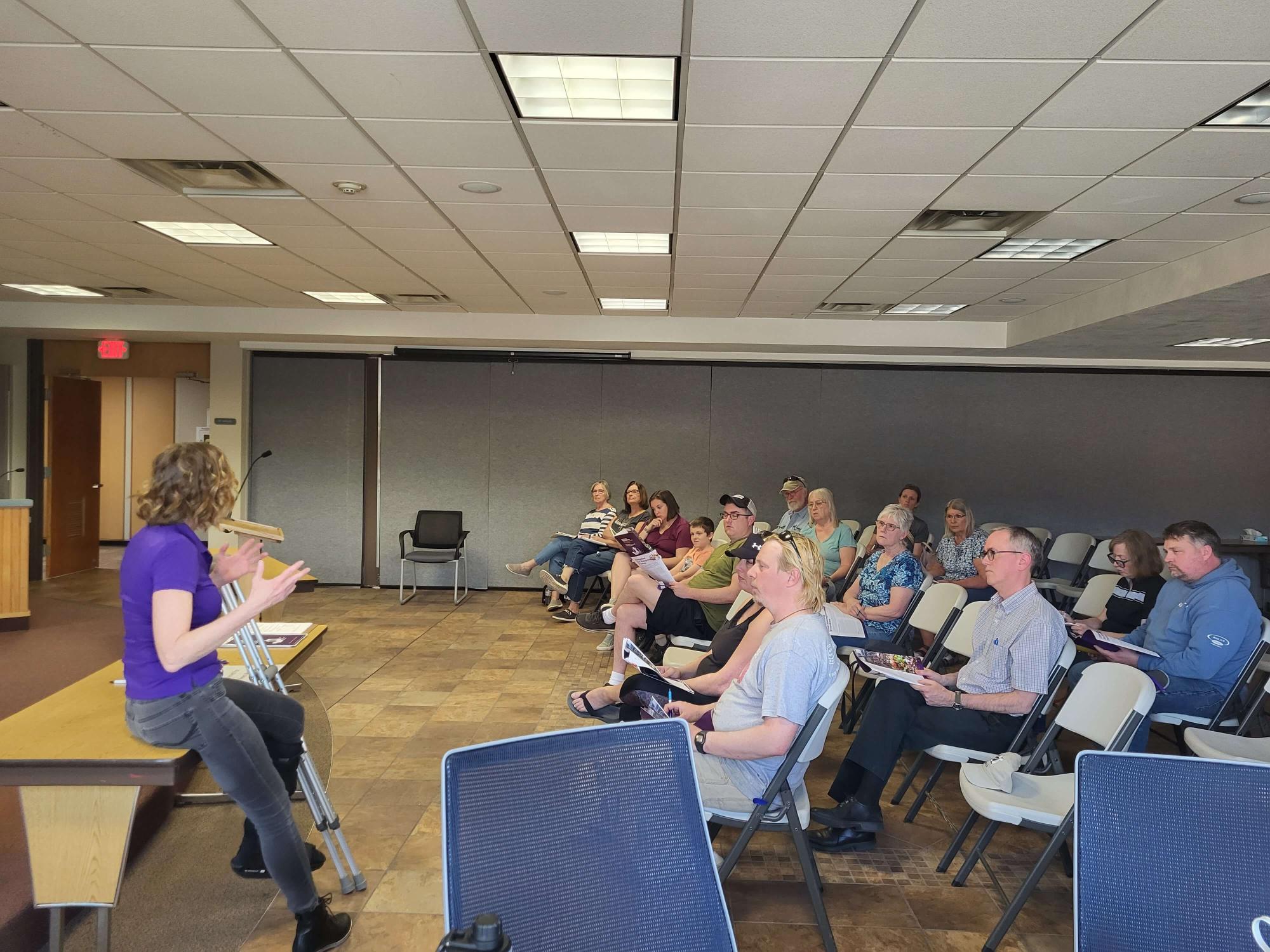 Jenny Trent speaking in front of residents as part 1 of the Compost Training in Decorah, Iowa