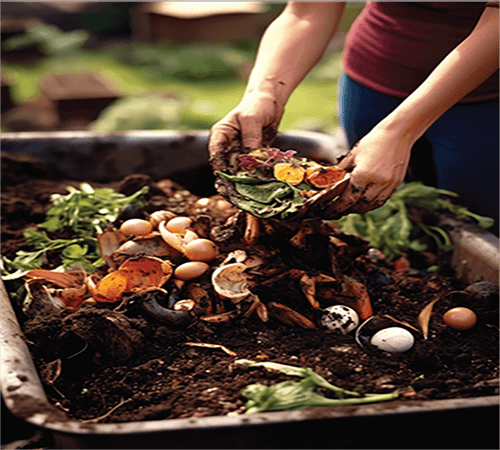 women's hands filled with food scraps above a dirt pile