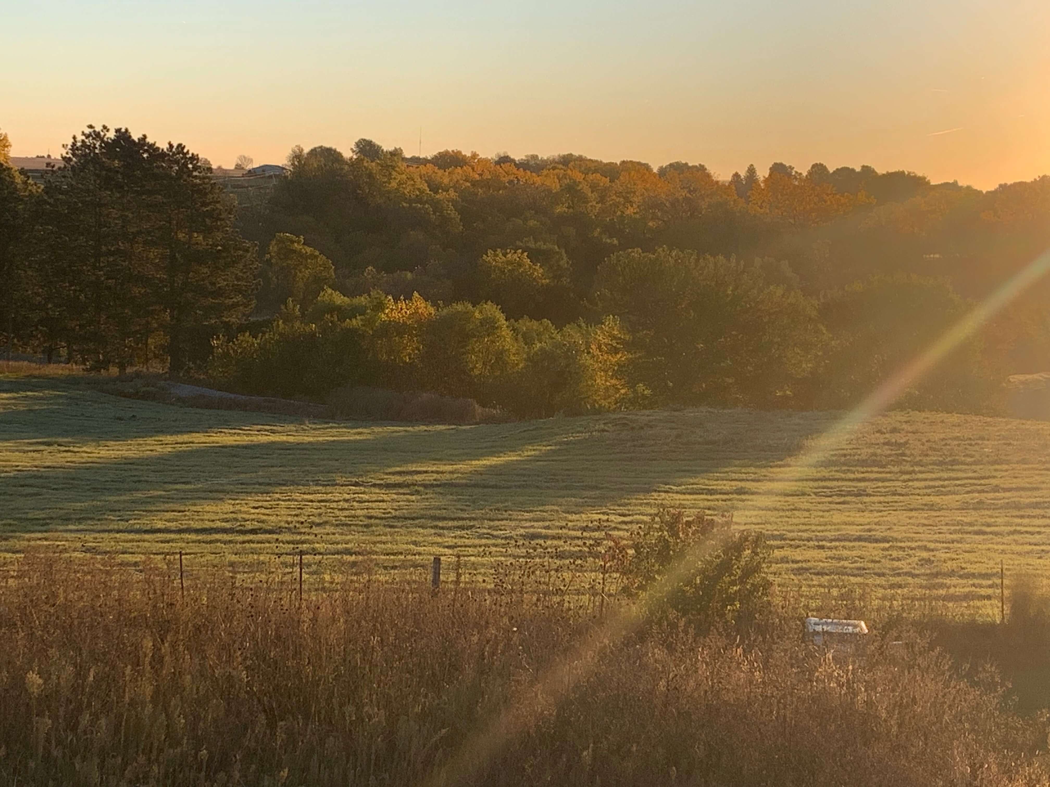 Rural Iowa landscape shown at dusk.