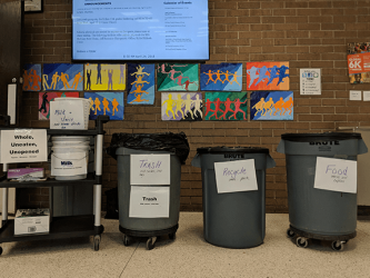 Labelled bins for students to place corresponding food waste which will later be weighed.