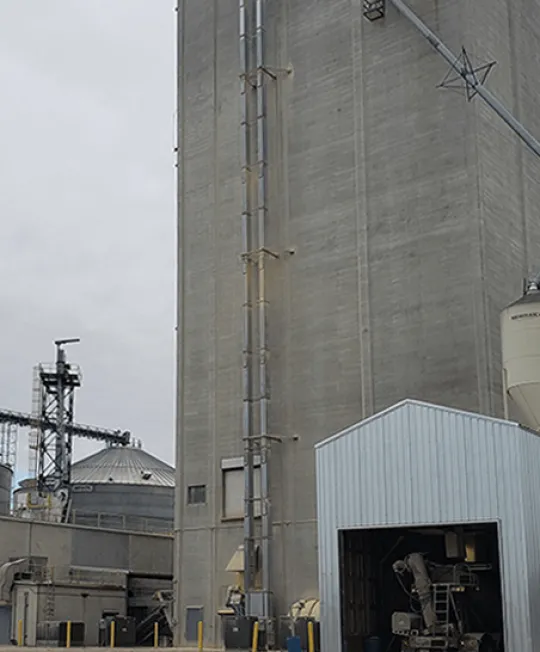 Modern Granary elevator. Silver silos on agro-processing and manufacturing plant for processing drying cleaning and storage of agricultural products.